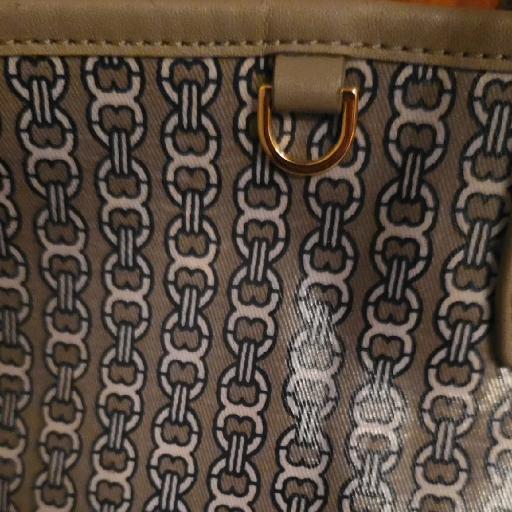 Tory Burch Gray Logo Canvas Tote with Center Stripe